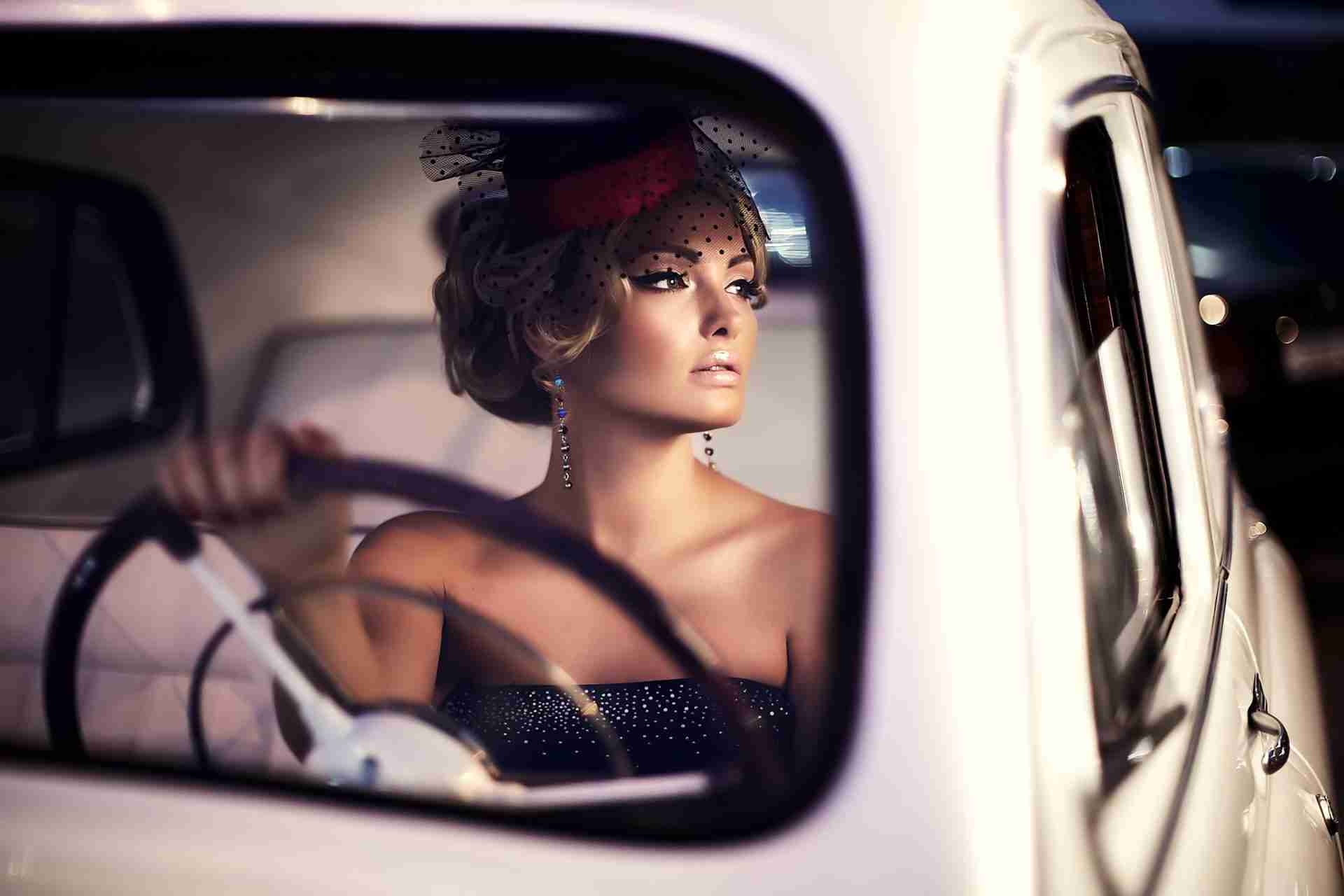 beautiful sexy fashion blond girl model with bright makeup curly hairstyle retro style sitting old car scaled